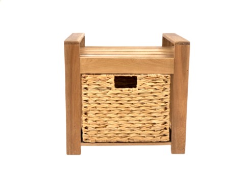 Artisanal Wood Bathroom Stool with Herringbone Woven Resin Drawer